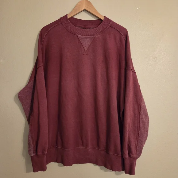 AERIE Big Chill Cherry Tart Textured Distressed Oversized Crewneck Sweatshirt XS - Picture 3 of 13